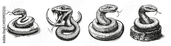 Obraz Vintage Illustration of Four Distinct Snake Designs in Various Poses, vector illustration, engraving design, logo design set, black and white line