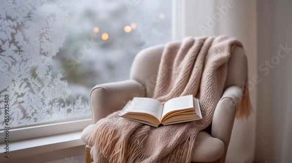 Fototapeta Cozy winter reading corner with comfortable armchair, fringed knit throw and snowy window view creating perfect hygge moment