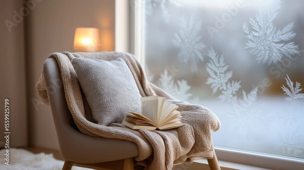 Fototapeta Cozy winter reading nook with comfortable chair, knitted throw and frosted window creating perfect hygge atmosphere