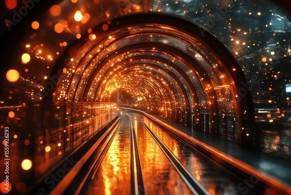 Obraz Endless Tunnel of City Lights and Reflections in a Glowing Dreamscape