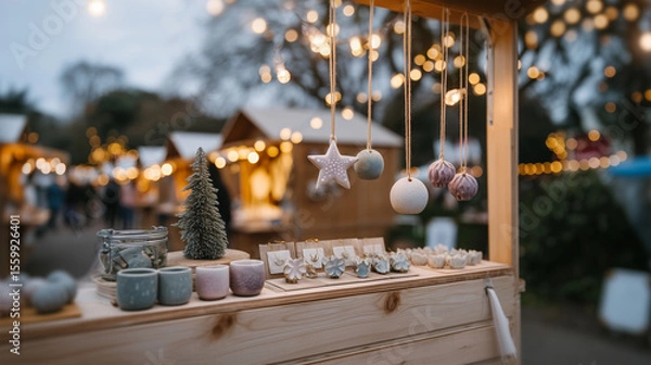 Fototapeta Charming Christmas craft stand displaying seasonal ornaments and candles with beautiful bokeh lighting backdrop