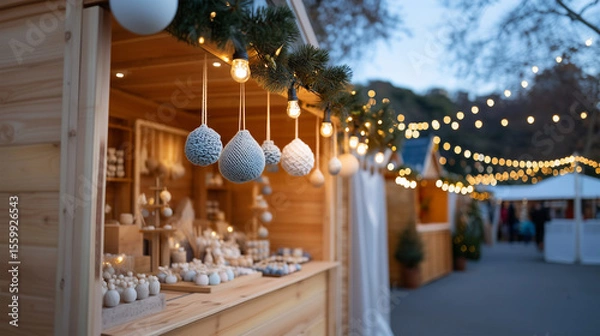 Fototapeta Modern Christmas market stall featuring elegant knitted ornaments and warm string lights in festive evening setting