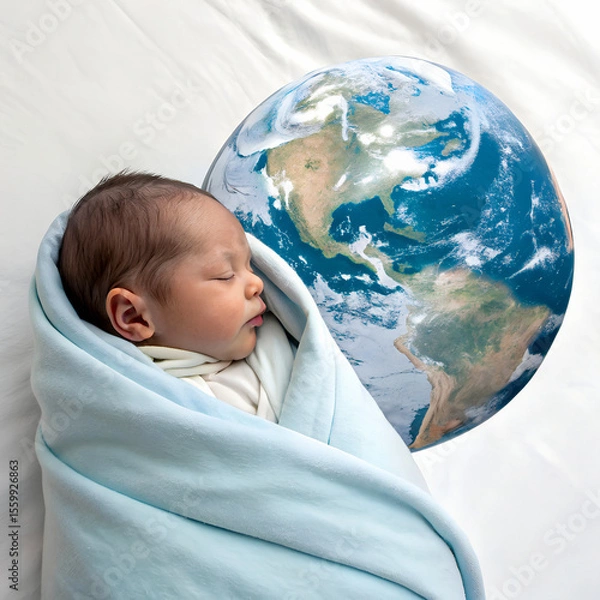 Fototapeta Newborn baby sleeping in a blanket beside Earth, symbolizing hope, future, and global unity.