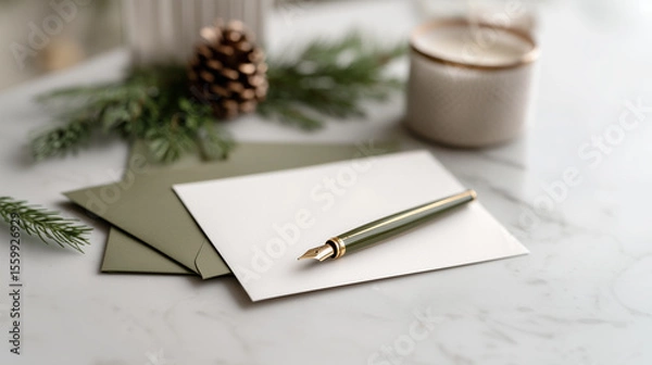 Fototapeta Holiday greeting card writing setup with gray envelope and golden pen surrounded by Christmas ornaments