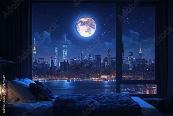 Obraz Cozy Bedroom with Stunning Night View of Twinkling City Skyline and Moonlit Sky