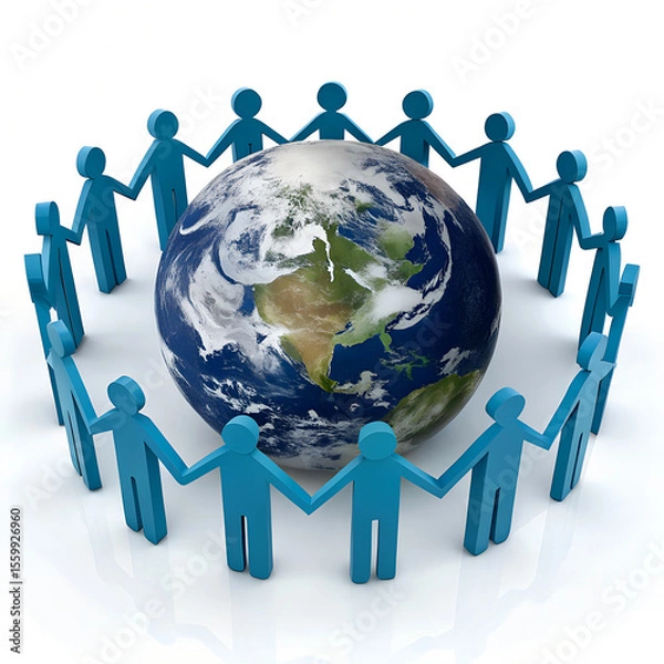 Fototapeta Paper people holding hands in a circle around Earth, symbolizing global unity and cooperation.