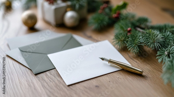 Fototapeta Blank Christmas card with elegant fountain pen and festive evergreen decorations on rustic wooden table