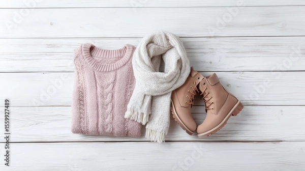 Fototapeta Minimalist winter wardrobe styling with soft pink sweater and neutral accessories on rustic wood