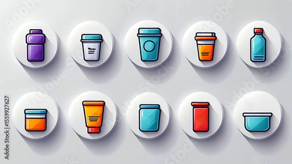 Fototapeta A collection of ten different container icons displayed on white circular backgrounds with shadows