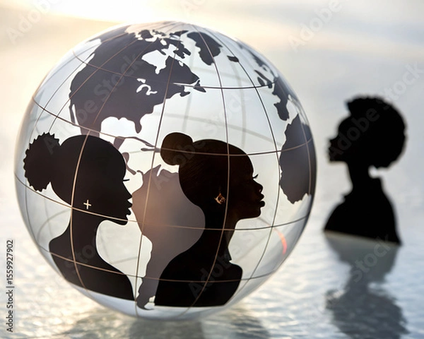 Fototapeta Diverse female silhouettes blend with a world map on a glass globe, symbolizing global unity.