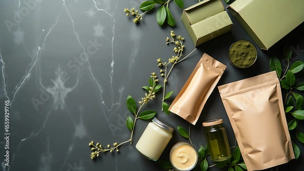 Fototapeta Flat Lay of Eco-Friendly Packaging with Green Leaves on Marble Background