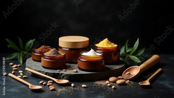 Fototapeta Handmade Cosmetic Products with Bamboo Spoons and Stone Texture – Top-Down Shot