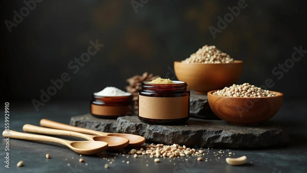 Fototapeta Handmade Cosmetic Products with Bamboo Spoons and Stone Texture – Top-Down Shot