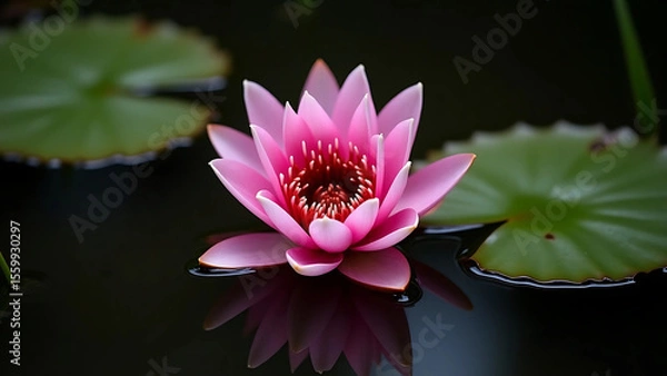 Fototapeta Vibrant Pink Water Lily in Full Bloom on Calm Water