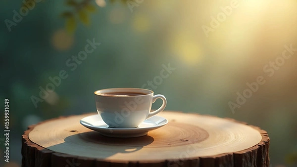Fototapeta Cup of Espresso on Wooden Slab with Natural Morning Light