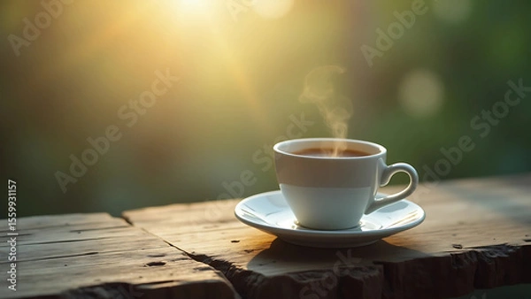 Fototapeta Cup of Espresso on Wooden Slab with Natural Morning Light
