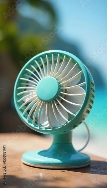 Obraz Portable Fan for Personal Cooling Beat the Summer Heat with this Compact, Battery-Powered Device, Ideal for Travel and Outdoor Activities.  Enjoy refreshing airflow wherever you go.