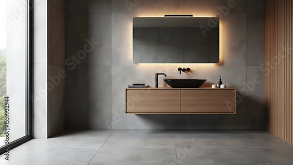 Fototapeta Modern Minimalist Bathroom Set with Matte Black and Wooden Accessories on Gray Stone Slab