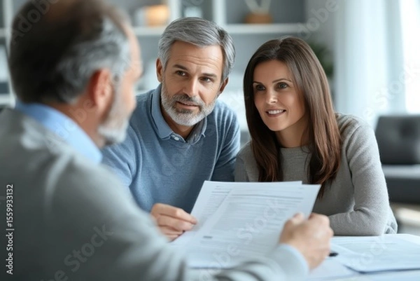 Obraz Couple Discussing Mortgage Loan Documents at a Desk in a Bright Office Setting