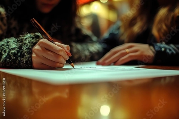 Obraz Couple Sitting Together at a Table Reviewing Mortgage Terms and Signing Important Documents