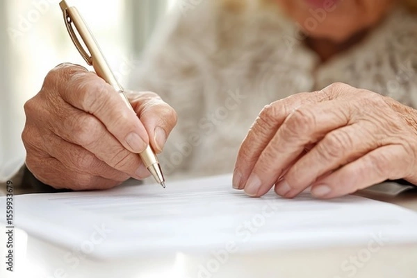 Obraz Couple Sitting at Table Reviewing Mortgage Terms Together in Bright Indoor Setting