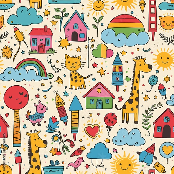 Fototapeta Colorful Hand-Drawn Cartoon Pattern with Animals, Houses, and Nature Elements on Cream Background