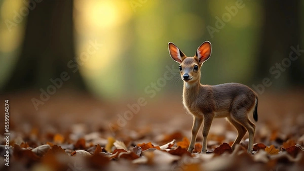 Fototapeta Cute Mouse-Deer Standing on Forest Floor with Sunlight – Wildlife Photography