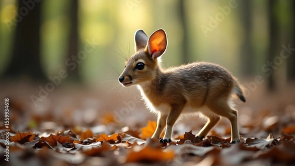 Fototapeta Cute Mouse-Deer Standing on Forest Floor with Sunlight – Wildlife Photography
