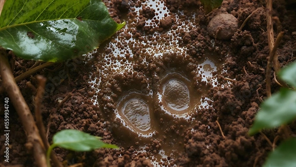 Fototapeta Close-Up of Mouse-Deer Footprints in Wet Mud – Elusive Wildlife Concept