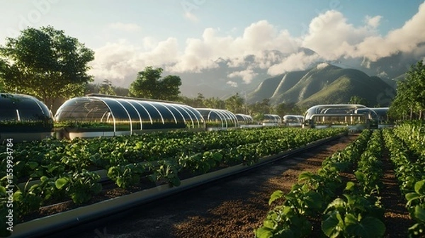 Obraz Futuristic agriculture featuring greenhouse structures in a rural landscape
