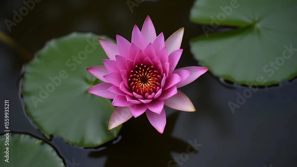 Fototapeta Vibrant Pink Water Lily in Full Bloom on Calm Water