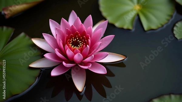 Fototapeta Vibrant Pink Water Lily in Full Bloom on Calm Water