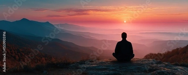Fototapeta Self reset concept. A serene person meditates at sunset overlooking mountains.