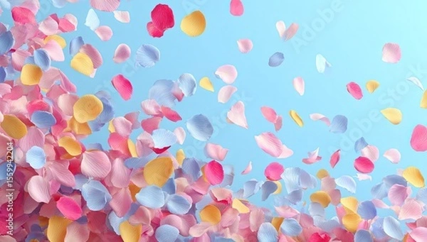 Fototapeta Pastel rose petals swirling against a light blue background