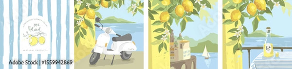 Fototapeta Summer trip to Italy. The city of Amalfi. A table on the balcony with a sea view and a bottle of limoncello and a retro scooter. Collection Hand drawn vector illustrations in watercolor style.