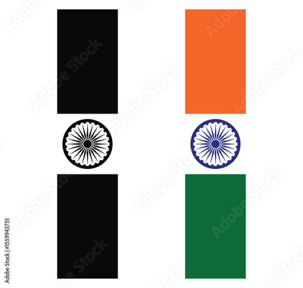 Obraz vertical indian flag vector set with black and white and color isolated on transparent bg.