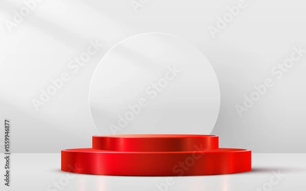 Obraz Abstract scene background. Cylinder red podium on white background. Product presentation, mock up. Podium, stage pedestal or platform. Vector illustration