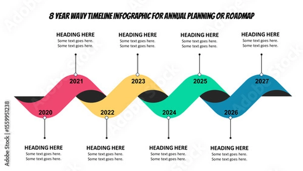 Fototapeta 8 Year Wavy Timeline Infographic for Annual Planning or Roadmap. Fully Editable SVG for PowerPoint, Web, Illustrator, and most vector-based applications.