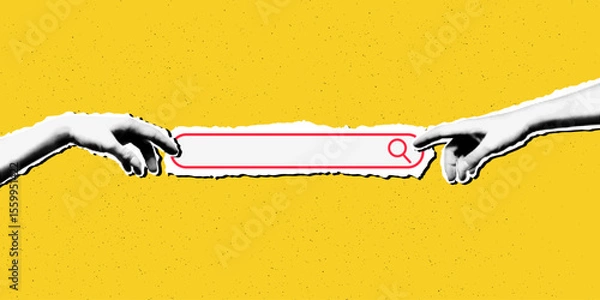 Fototapeta Trendy pop art collage search concept. Halftone torn paper hands pointing at and interacting with search bar on bold yellow textured background. Modern retro vector illustration mixed media design
