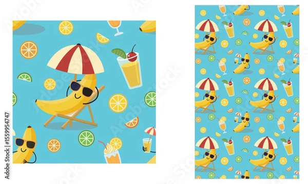 Fototapeta Seamless pattern with a happy banana wearing sunglasses relaxing on a chaise longue surrounded by fruits and cocktails