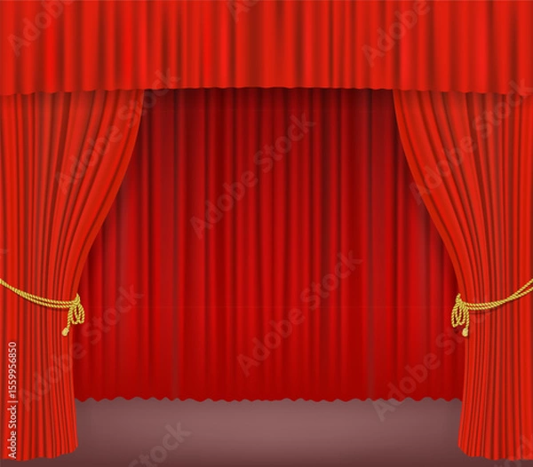 Obraz Rich red stage curtains are parted slightly, background curtain, decorative golden ropes, performance, cinema, celebration, theatrical presentation
