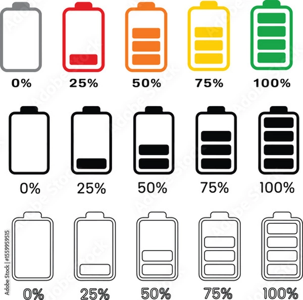 Obraz Battery Charge Level Icon Set – Percentage Power Indicators for UI and Devices
