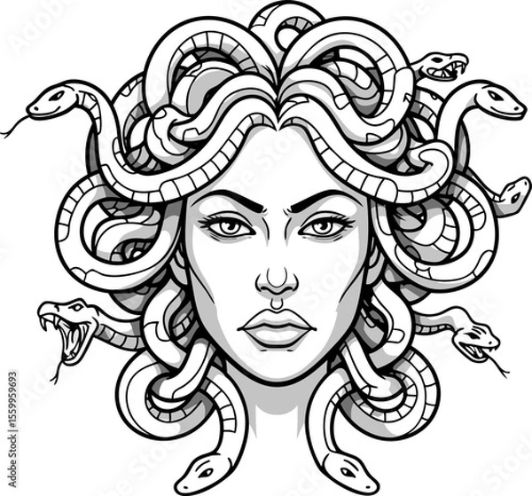Fototapeta Medusa illustration showcases a striking mythological woman with serpentine hair, creating a unique and powerful portrait.