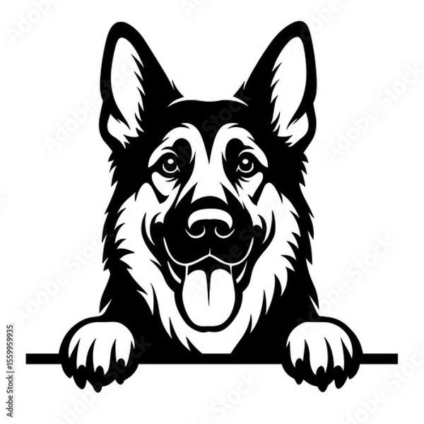 Fototapeta A distinguished German shepherd dog peers over a stylized border, exuding a friendly demeanor and playful curiosity, perfectly capturing canine loyalty.