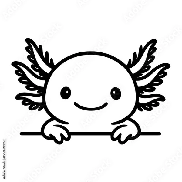 Fototapeta An adorable axolotl creature, a whimsical monochrome illustration. This cute cartoon captures the charming essence of this fascinating amphibian. vector illustration