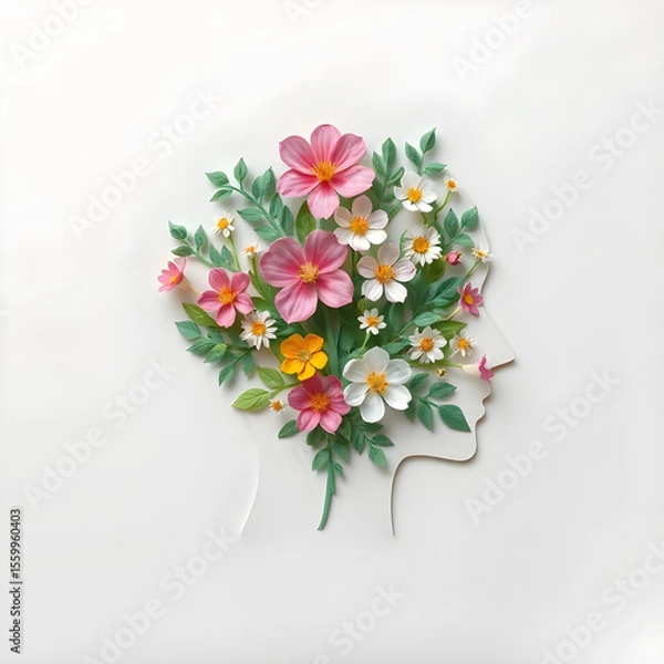 Fototapeta a side profile of a human head silhouette filled with colorful flowers and leaves on a pink background.