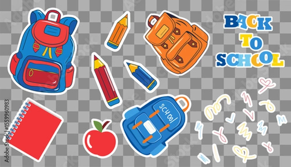 Fototapeta Bright vector illustration displays various colorful stickers representing school supplies such as backpacks, pencils, and notebooks, perfect for back to school themes