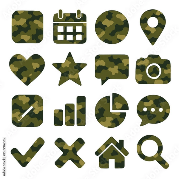 Fototapeta Camouflage-Patterned Icons Representing Various Digital Interface Elements.