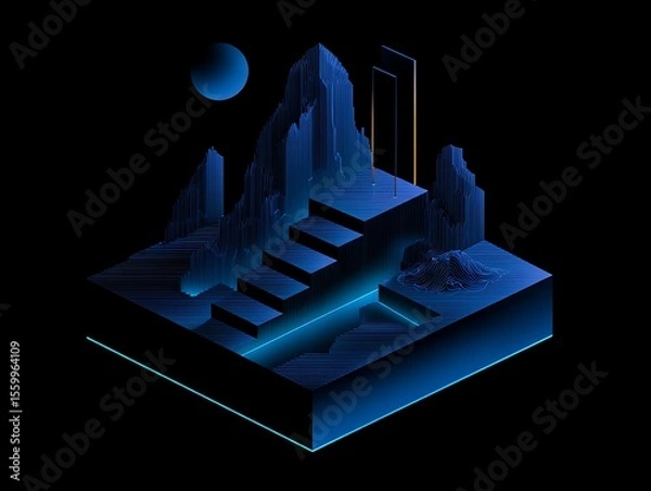 Obraz Isometric landscape with blue mountains steps and moon on a black background in digital style