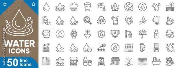 Fototapeta Water icons set. Collection of water drop, bottle, faucet, glass, rain, shower, filter, hydration, bathtub, umbrella, bucket, splash, swimming pool and more. Vector illustration